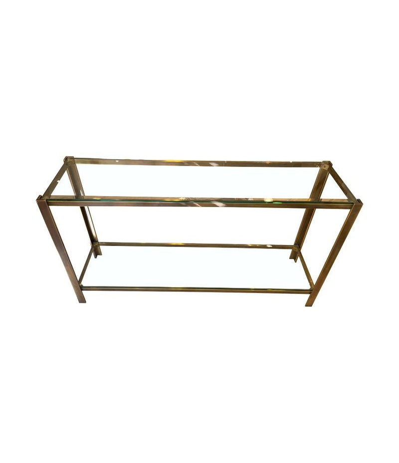 A 1970s Italian solid brass console table with 2 glass shelves