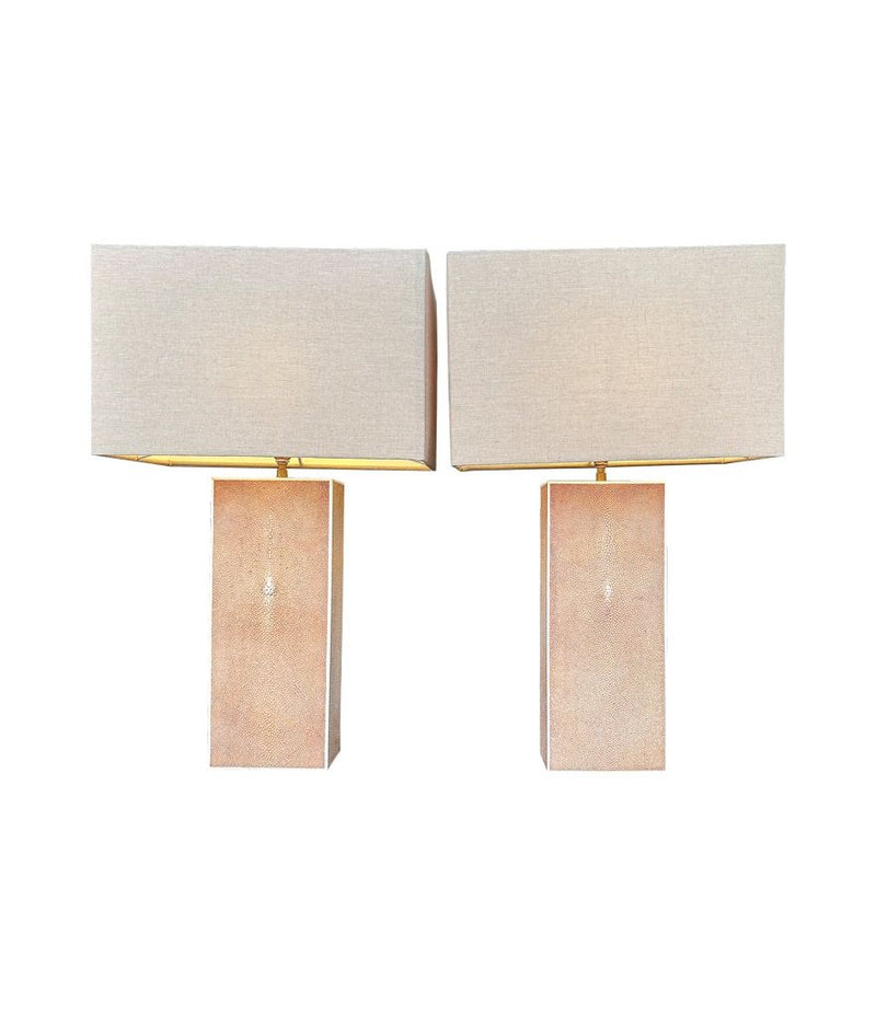 A pair of 1960s pastel pink shagreen lamps with natural linen shades