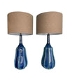 A stunning large pair of 1980s Italian blue and green ceramic lamps with bespoke linen shades