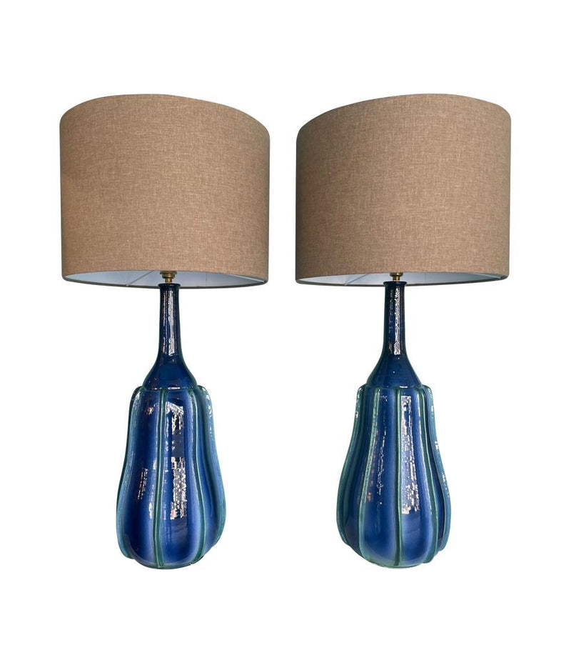 A stunning large pair of 1980s Italian blue and green ceramic lamps with bespoke linen shades