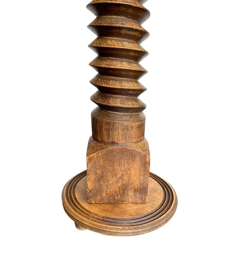 A French 1940s oak wine press corkscrew floor lamp in the style of Charles Dudouyt