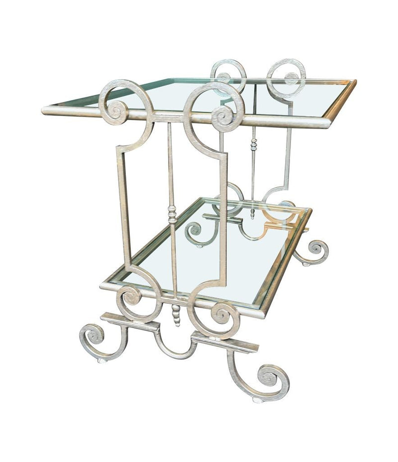 A pair of 1950s gilt wrought iron French side tables, with glass shelves