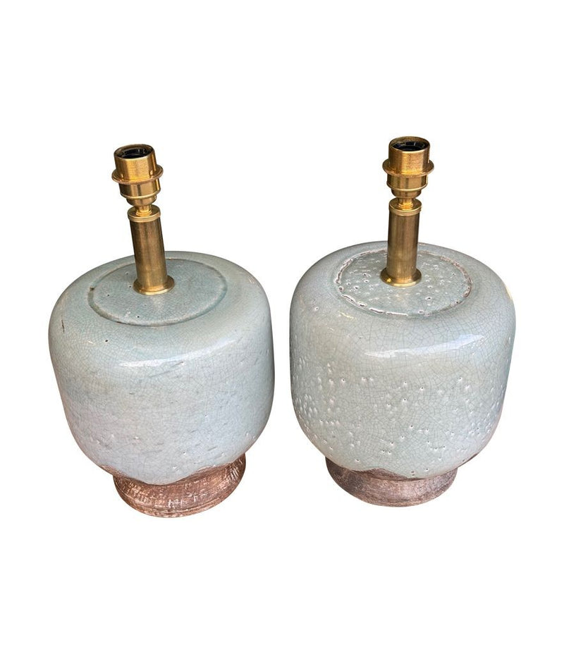 A pair of 1970s chinoiserie style crackle glazed ceramic lamps by Ugo Zaccanini for Maison Lancel