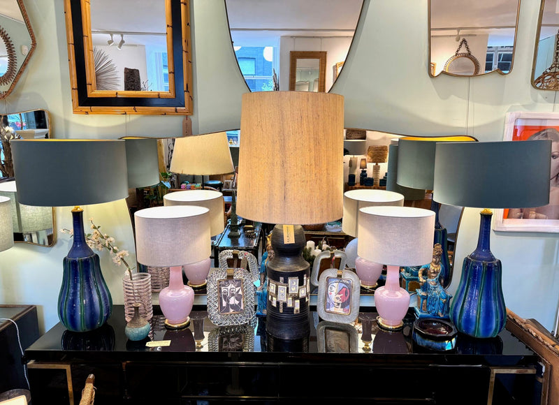 A stunning large pair of 1980s Italian blue and green ceramic lamps with bespoke linen shades