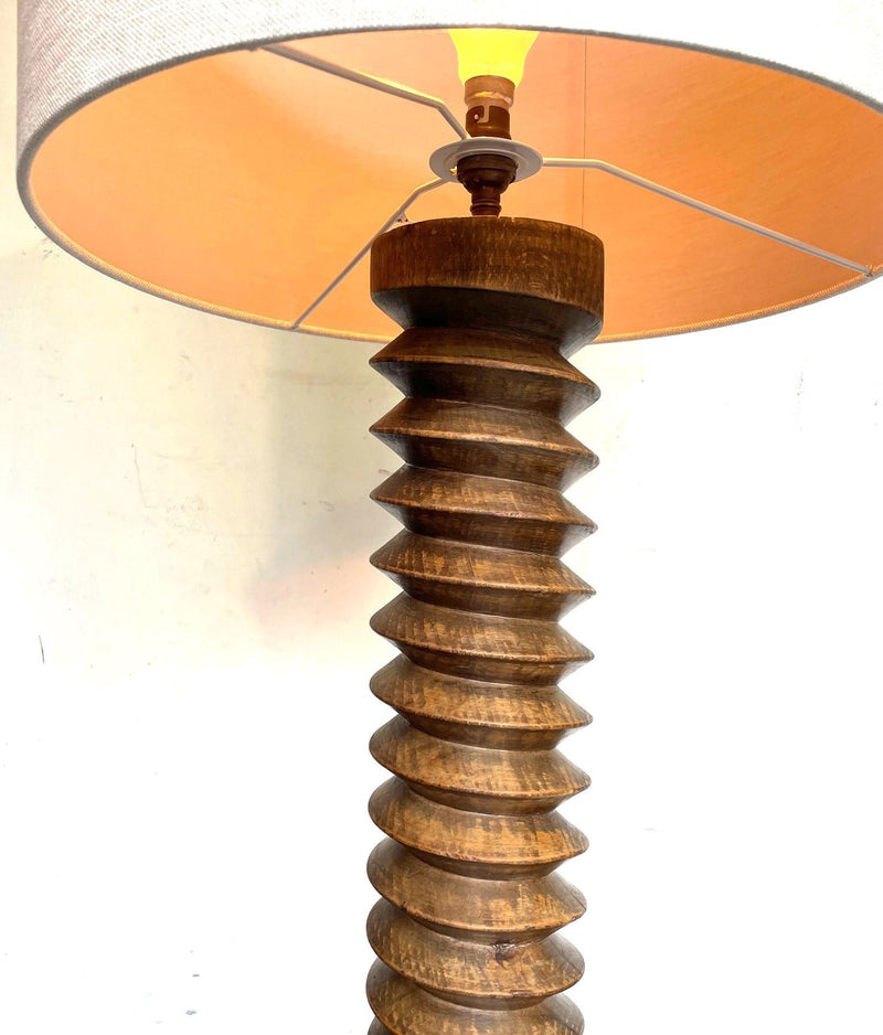 A French 1940s oak wine press corkscrew floor lamp in the style of Charles Dudouyt