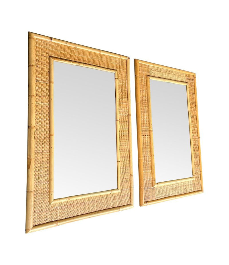 A pair of large Italian 1970s bamboo and woven rattan mirrors by Dal Vera