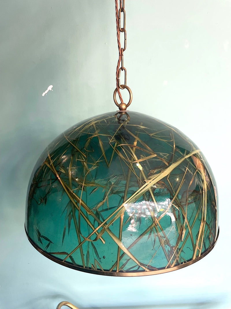 An unusual 1970s green acrylic and brass pendant light by Giovanni Banci for Banci Firenze