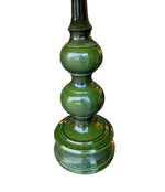 A large French 1960s green glazed ceramic lamp with original hessian shade