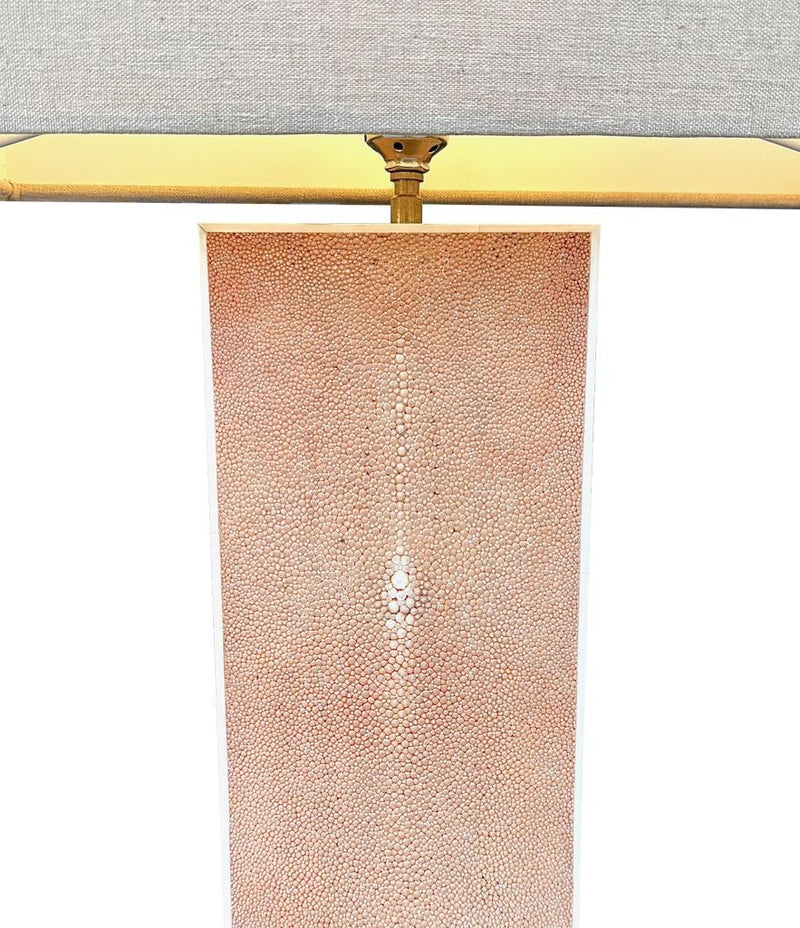 A pair of 1960s pastel pink shagreen lamps with natural linen shades