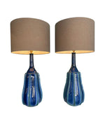 A stunning large pair of 1980s Italian blue and green ceramic lamps with bespoke linen shades