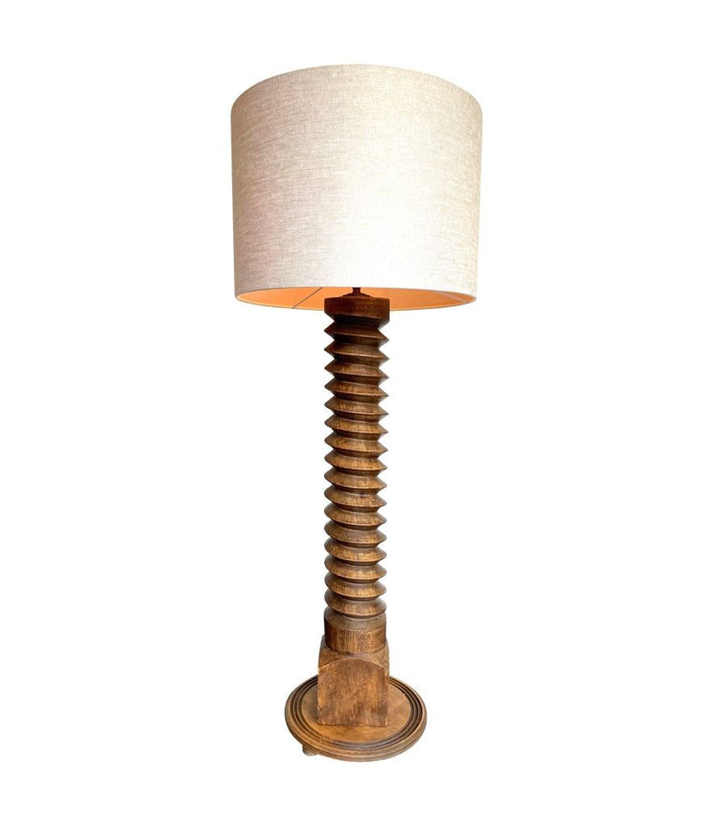 A French 1940s oak wine press corkscrew floor lamp in the style of Charles Dudouyt