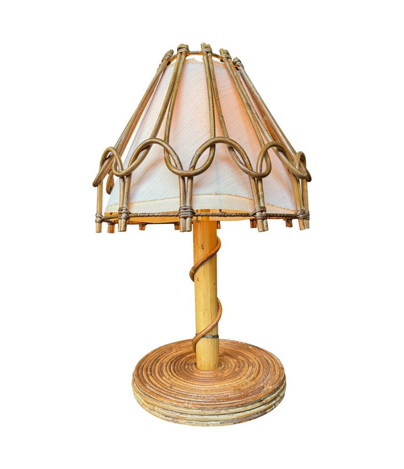 A 1960s bamboo lamp by Louis Sognot with orignal bamboo and linen shade