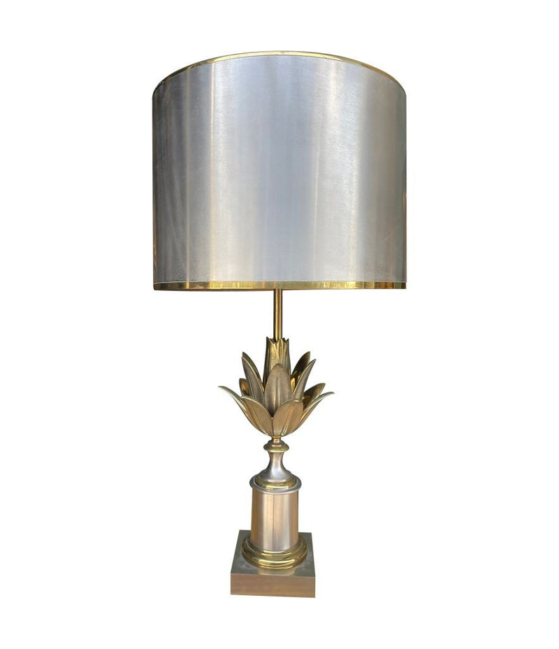 An orignal 1960s Maison Charles "Lotus" lamp in nickel, bronze and brass finish with orignal spun metal shade