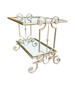 A pair of 1950s gilt wrought iron French side tables, with glass shelves