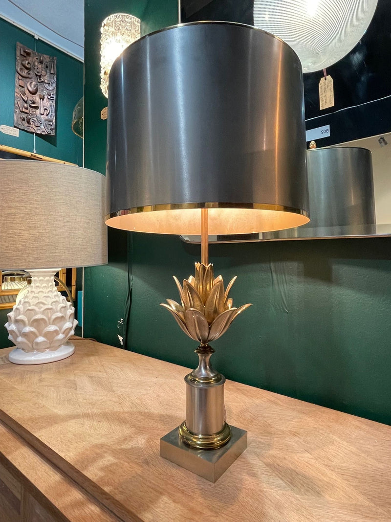 An orignal 1960s Maison Charles "Lotus" lamp in nickel, bronze and brass finish with orignal spun metal shade