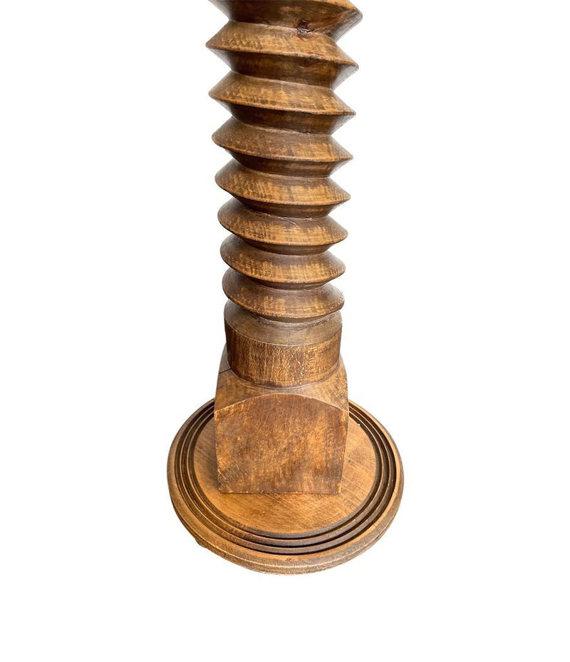 A French 1940s oak wine press corkscrew floor lamp in the style of Charles Dudouyt