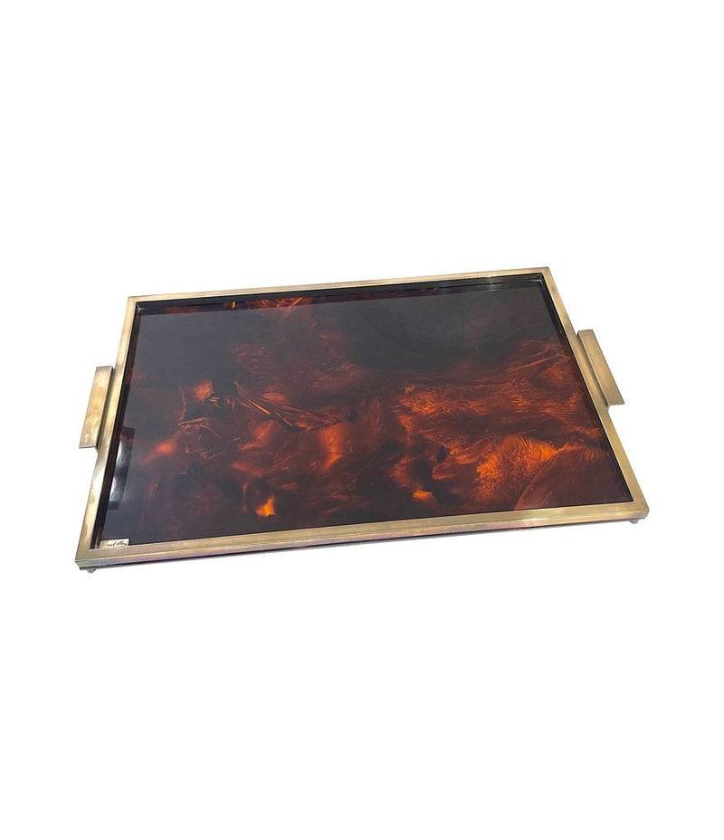 A French 1970s faux tortoiseshell and brass tray in the style of Christian Dior