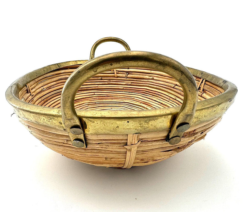 An Italian 1970s Gabriella Crespi style woven bamboo and brass two handled basket