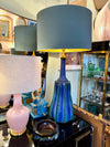 A stunning large pair of 1980s Italian blue and green ceramic lamps with bespoke linen shades