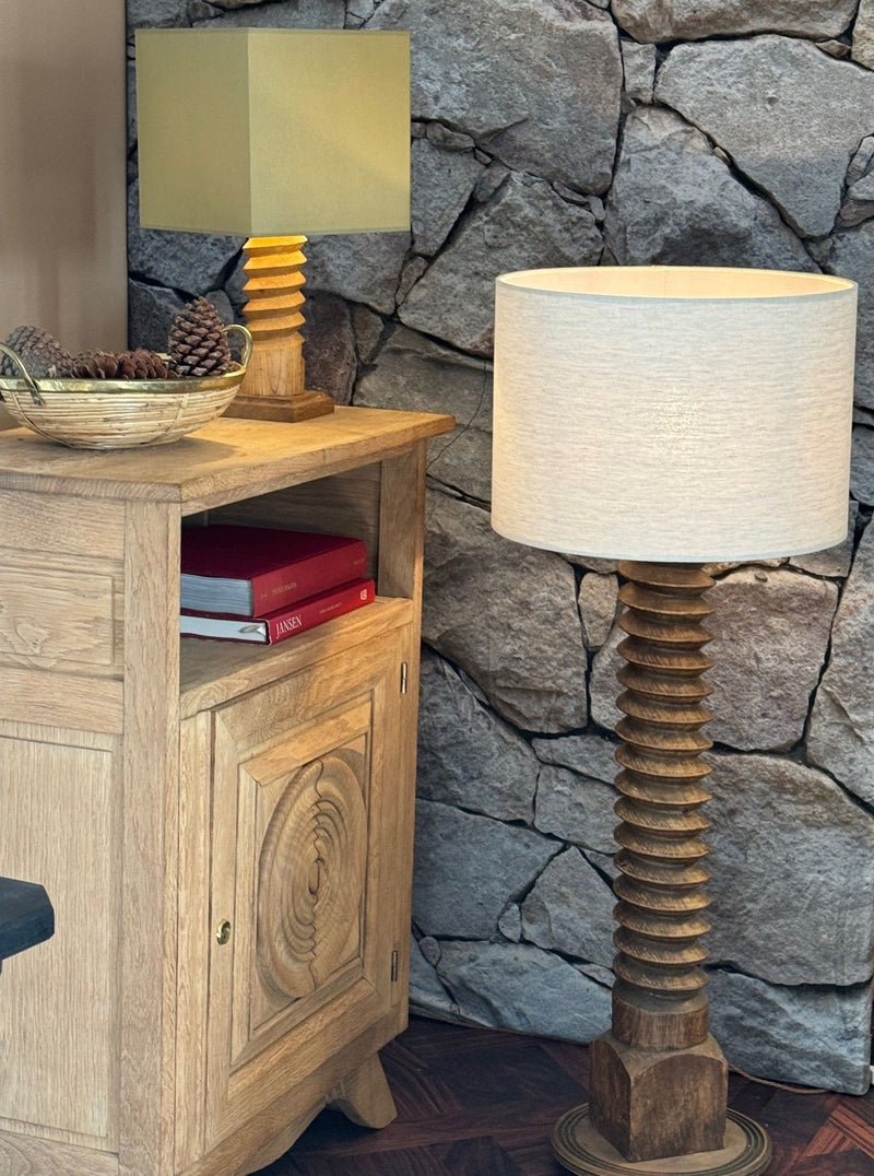 A French 1940s oak wine press corkscrew floor lamp in the style of Charles Dudouyt