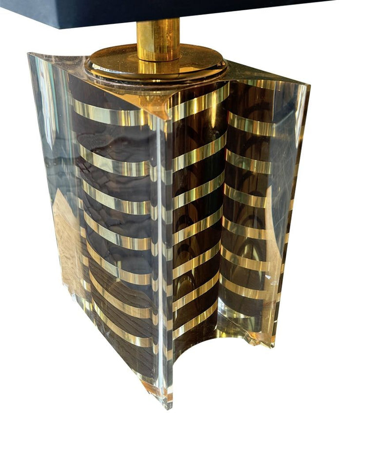 A large Italian 1970s Romeo Rega lucite and brass lamp with chocolate and brass stripes