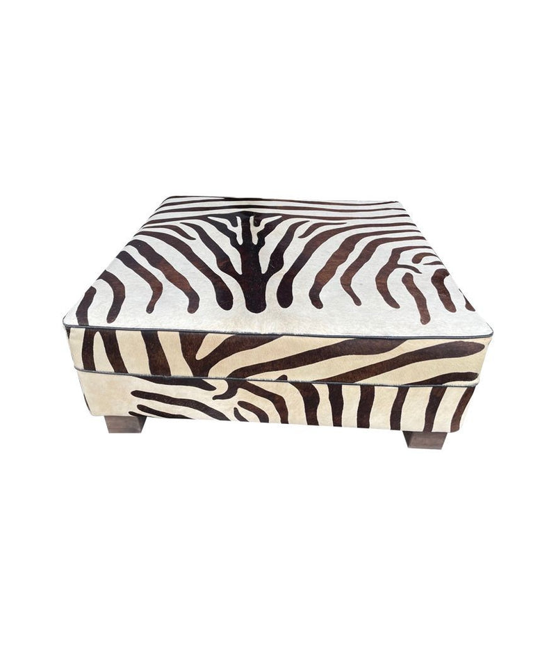 cowhide covered ottoman or coffee table with printed zebra skin design - Ed Butcher Antiques Shop London