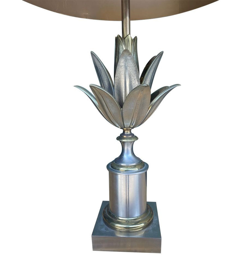 An orignal 1960s Maison Charles "Lotus" lamp in nickel, bronze and brass finish with orignal spun metal shade