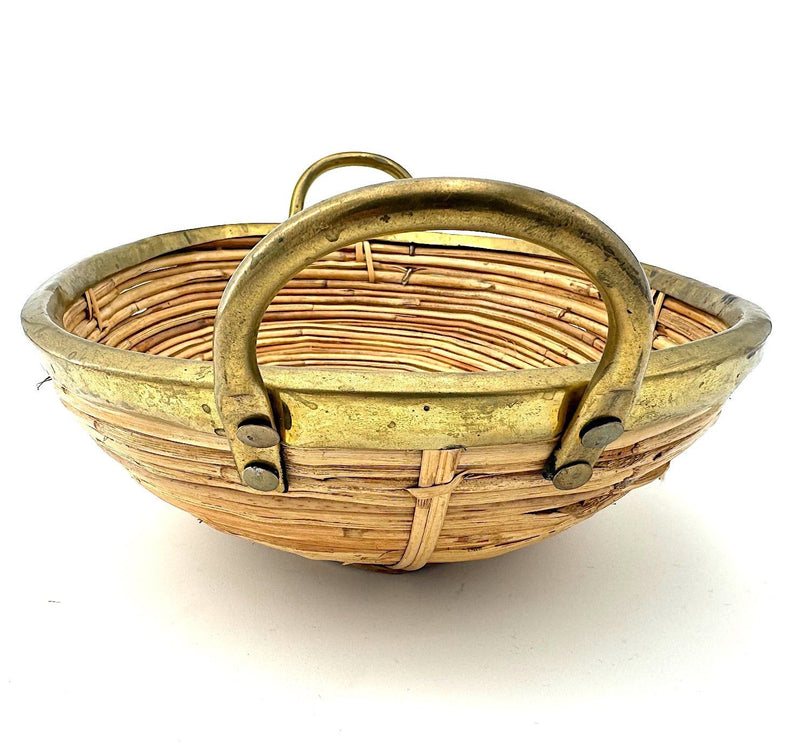 An Italian 1970s Gabriella Crespi style woven bamboo and brass two handled basket