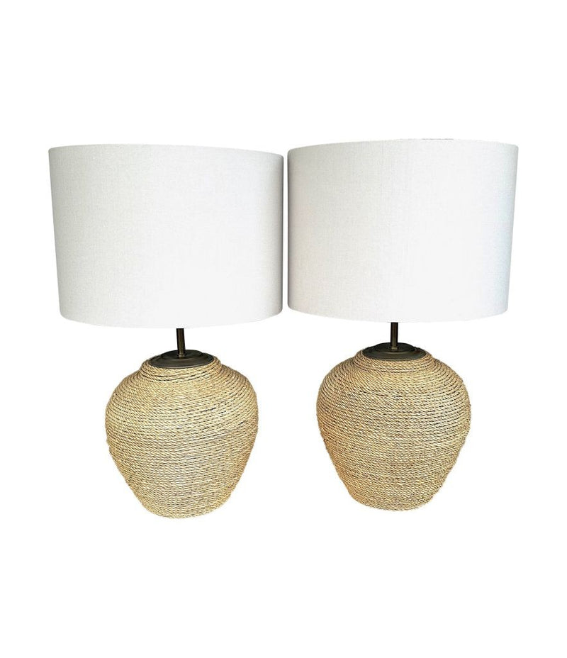 A pair of 1950s large Italian Riviera woven rope lamps with bronze fittings