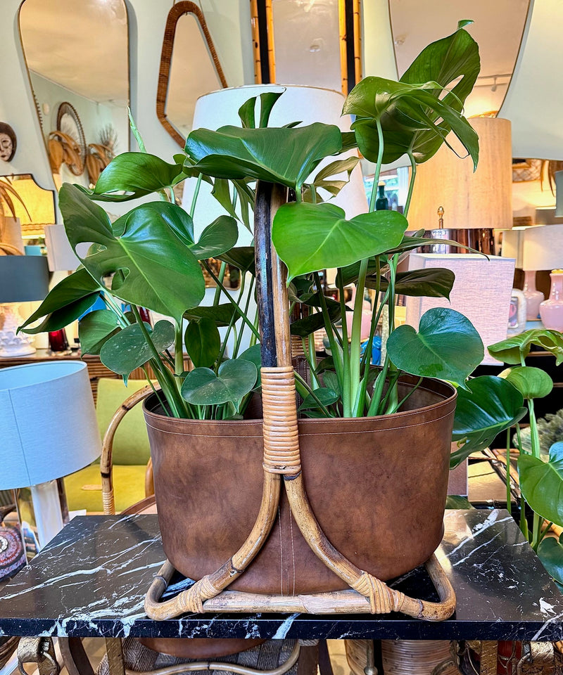 Large Italian 1960s bamboo and rattan baskets with stitched faux leather bowls