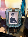 A wonderful orignal 1940s turquoise torchon Murano glass frame by Archimede Seguso