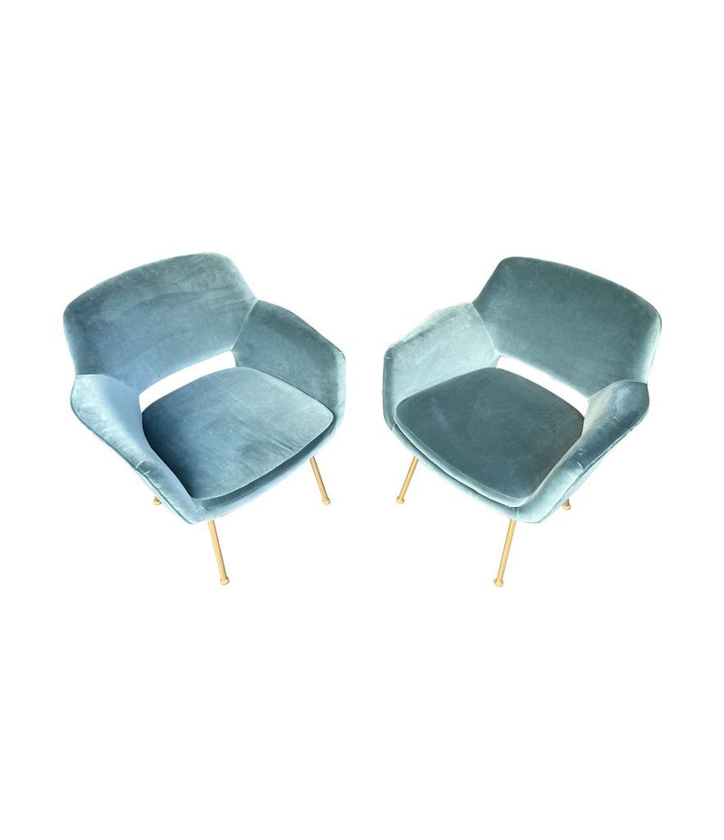 Mid Century Italian chairs with gilt metal legs and blue velvet fabric 1970s