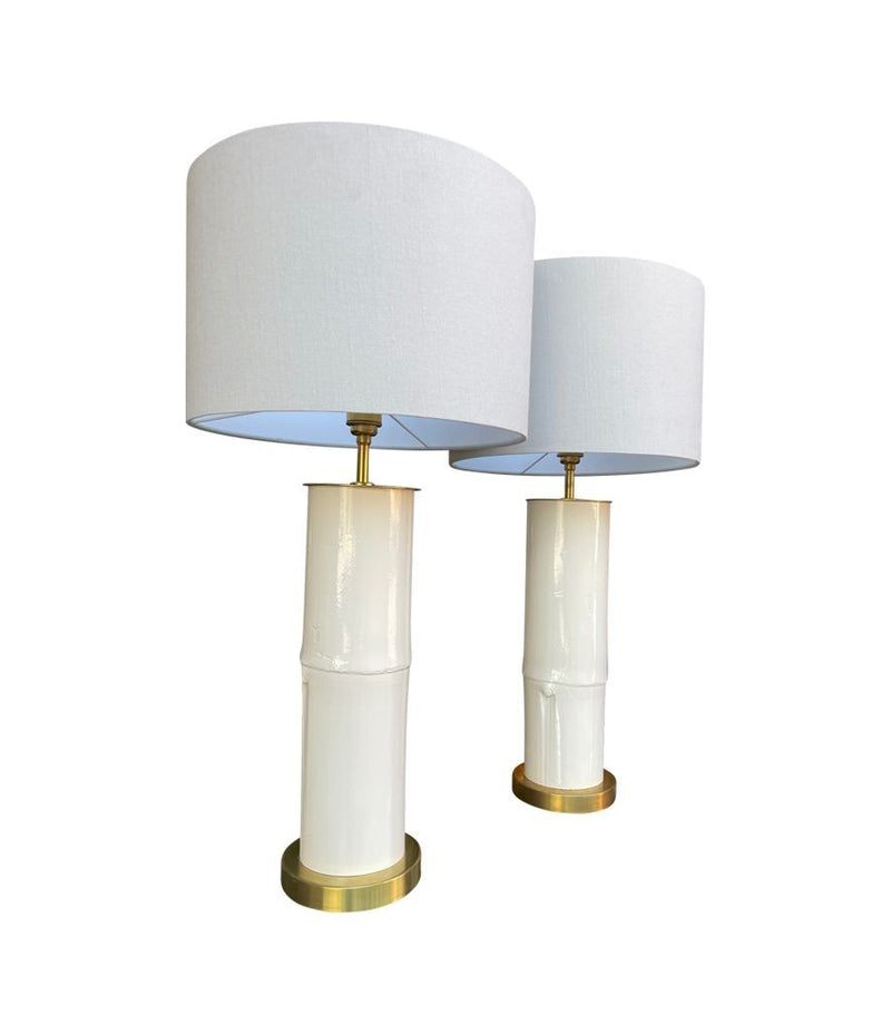 Ivory lacquered real bamboo and brass table lamps