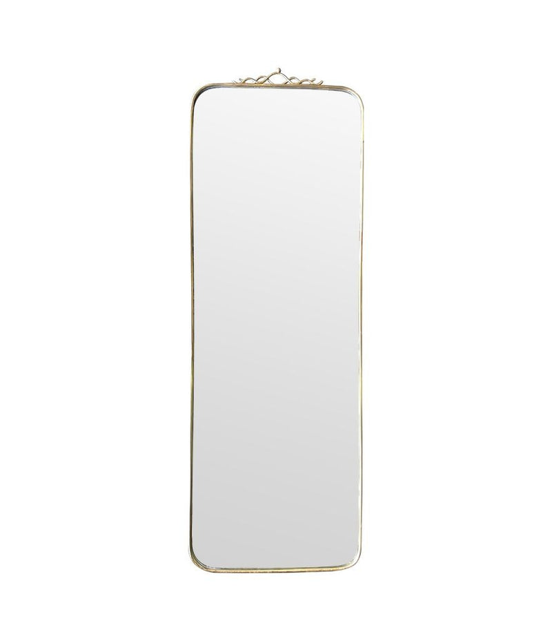 Mid century brass framed mirror with slim profile and scroll top detail