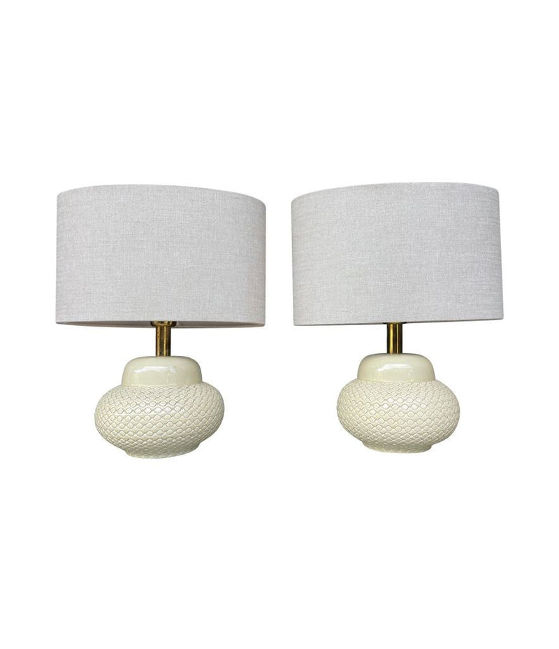 Mid Century Table lamps by Tommaso Barbi - cream ceramic and brass - 1970s