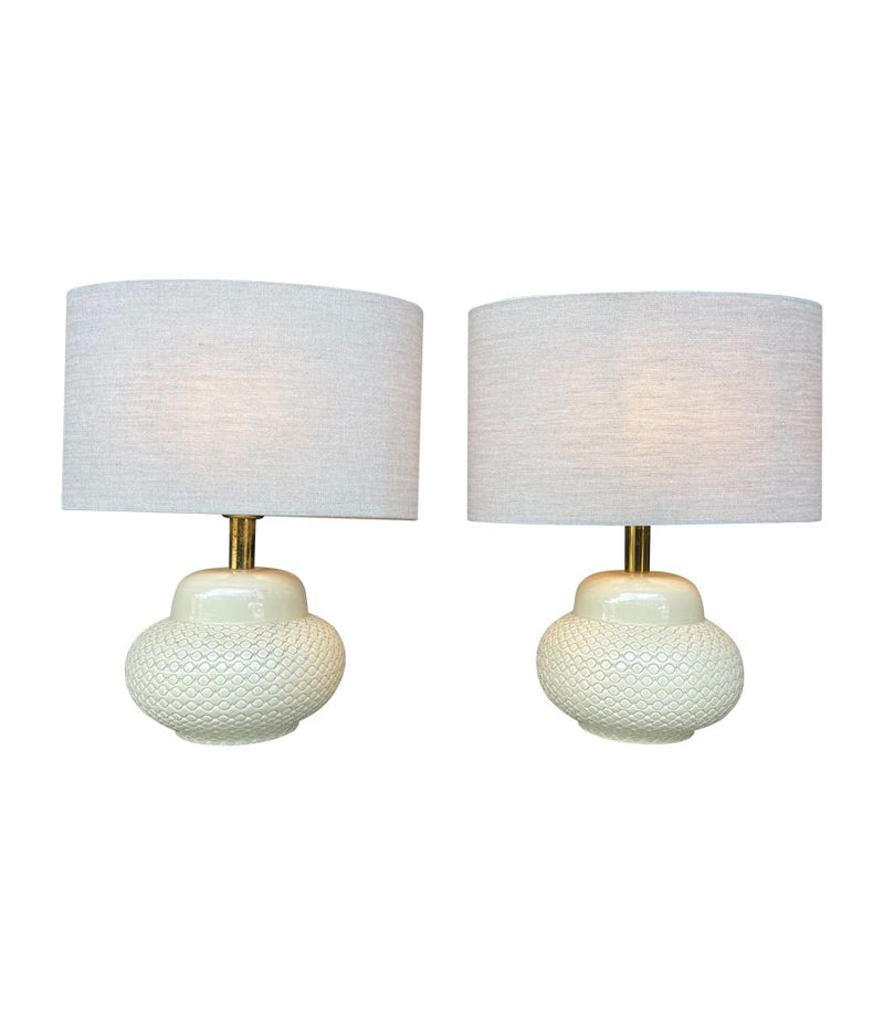 Mid Century Table lamps by Tommaso Barbi - cream ceramic and brass - 1970s