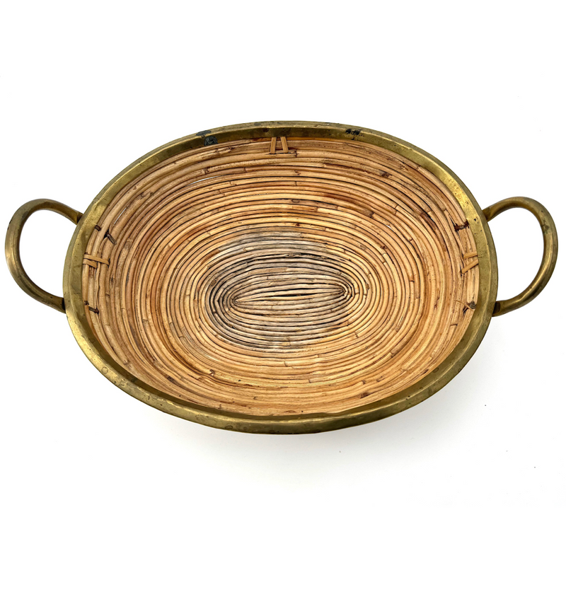 An Italian 1970s Gabriella Crespi style woven bamboo and brass two handled basket