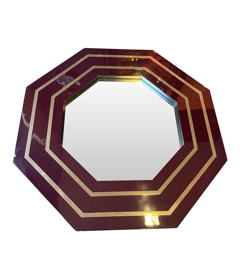 1970s Octagonal mirror by Jean Cluade Mahey with brass inlay frame in burgundy brown - Mid Century Mirrors