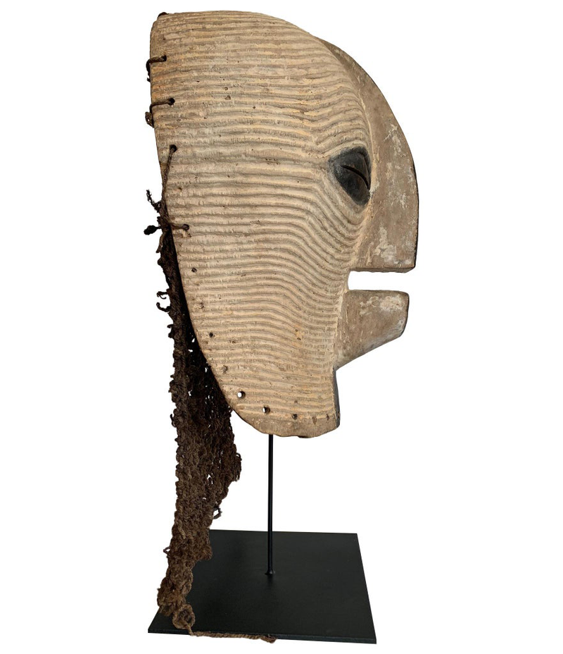 LARGE FEMALE SONGYE KIFWEBE CARVED WOODEN CEREMONIAL MASK WITH RAFFIA BACKING
